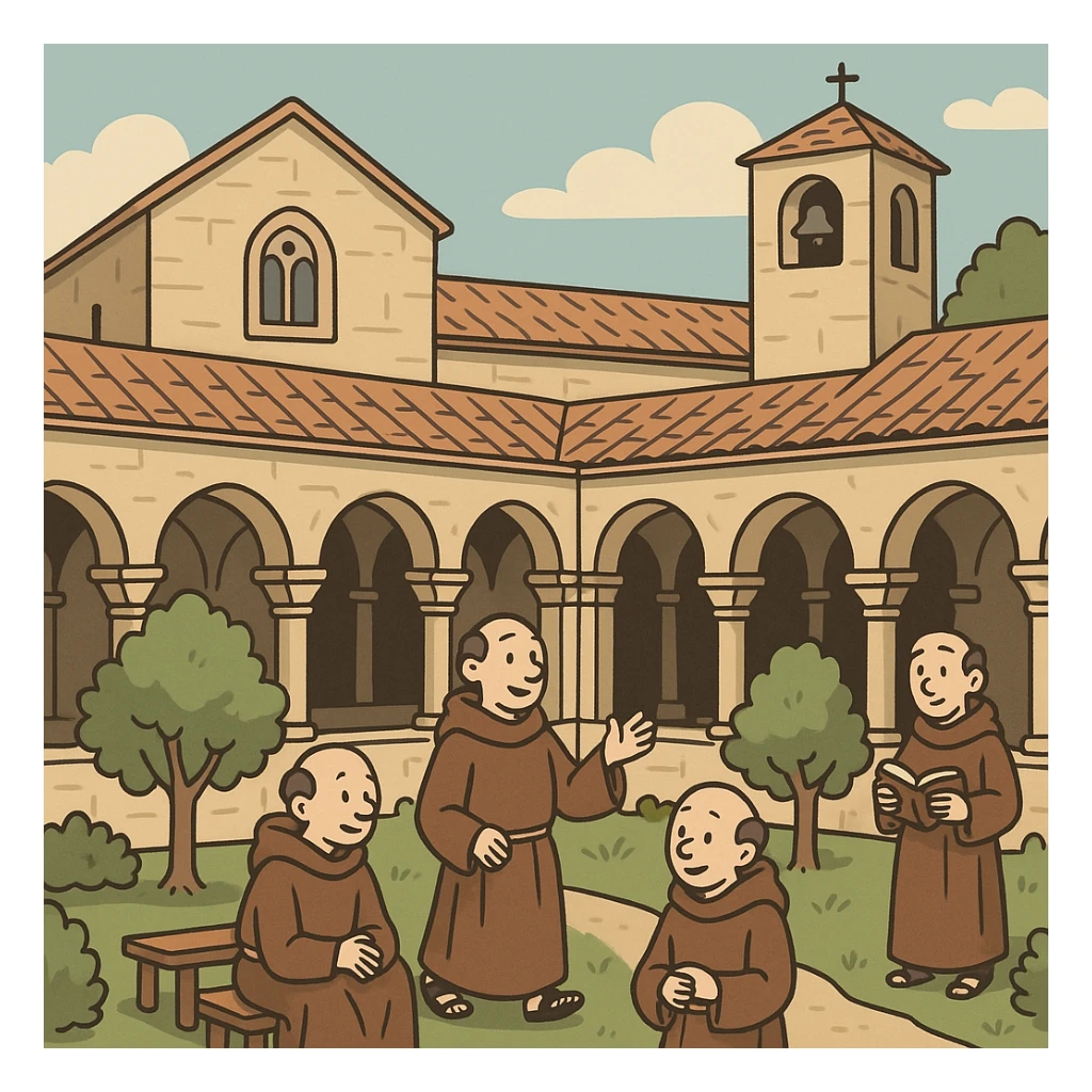 medieval monastery, cartoon style, stone building with arches, monks, inner garden, serene atmosphere sticker