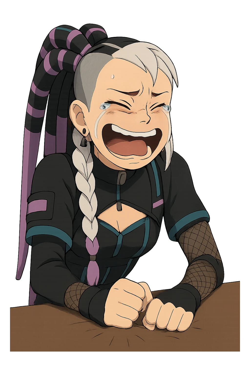 1 female, single long white braid with lavender tips. Cybergoth futurepunk, crying from laughter, pounding her fist on a table, “wheeze emoji” facial expression, hilarious  sticker