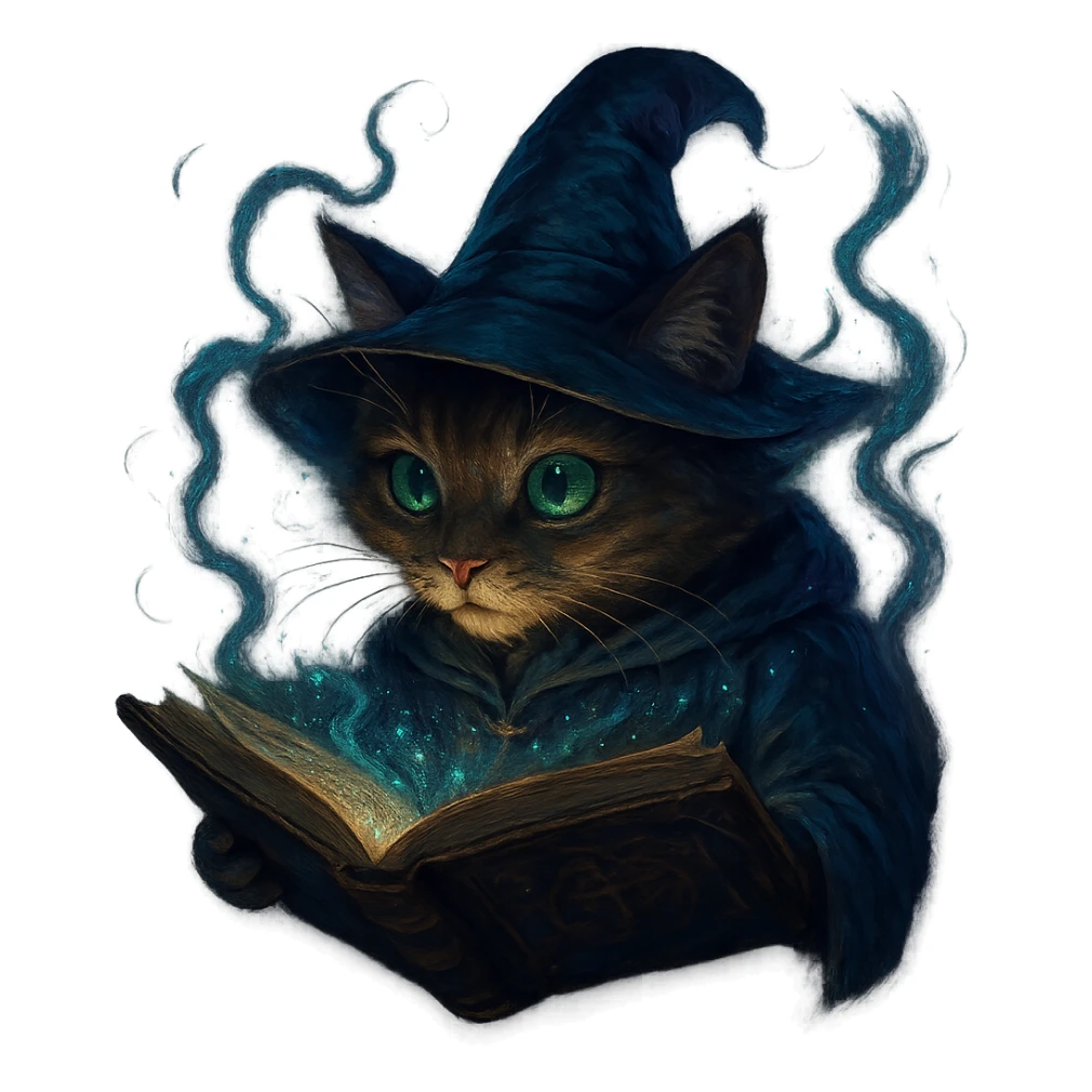 wizard cat reading a spellbook with a mystical vibe, magical fantasy style sticker