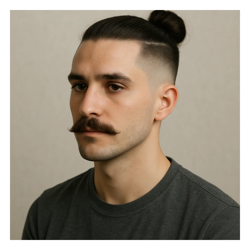 guy with a moustache and a man bun, low taper fade haircut, neutral background sticker