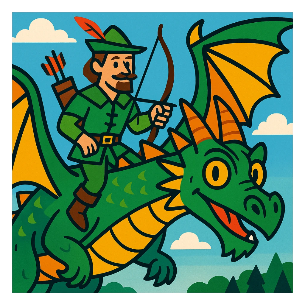Robin Hood riding a dragon, vibrant and adventurous sticker