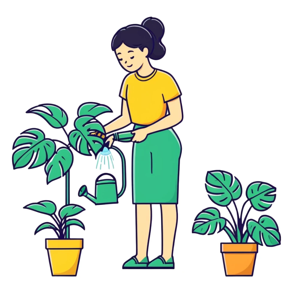 woman watering her monstera plant sticker