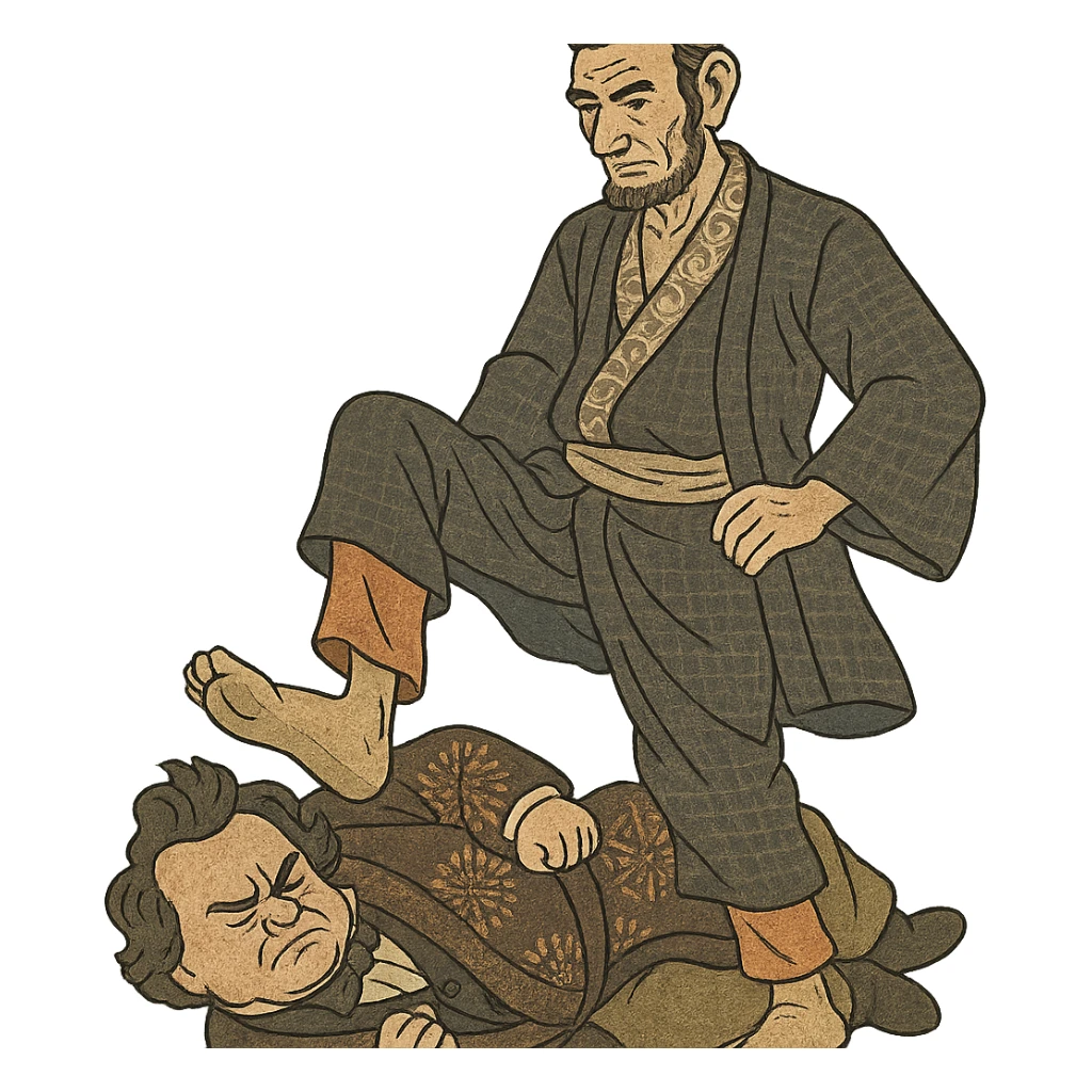 Abraham Lincoln stepping on Stephen Douglas in ukiyo-e inspired illustration sticker