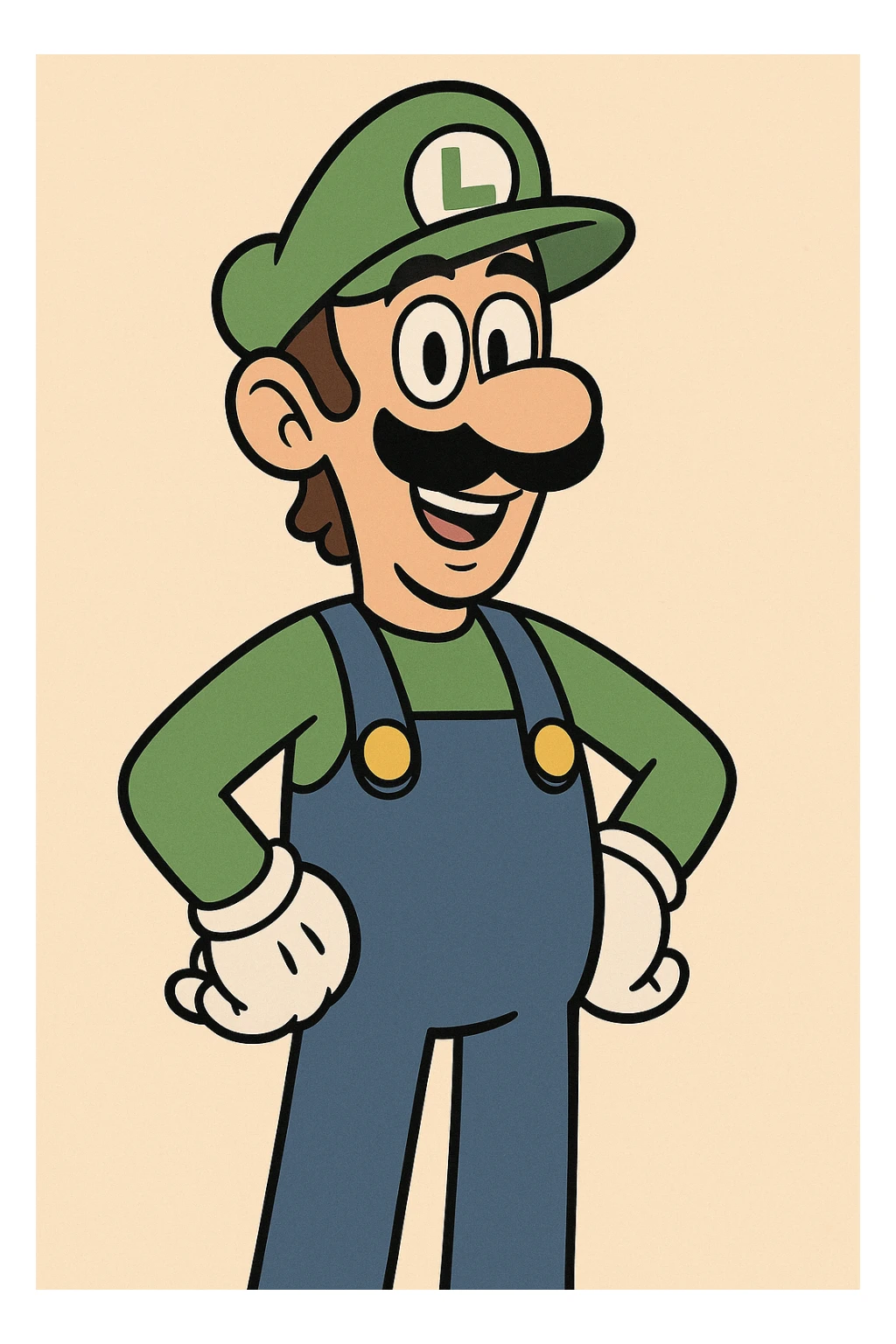 Luigi from Mario & Luigi, classic video game look, green cap, blue overalls, white gloves, smiling, cartoon style sticker