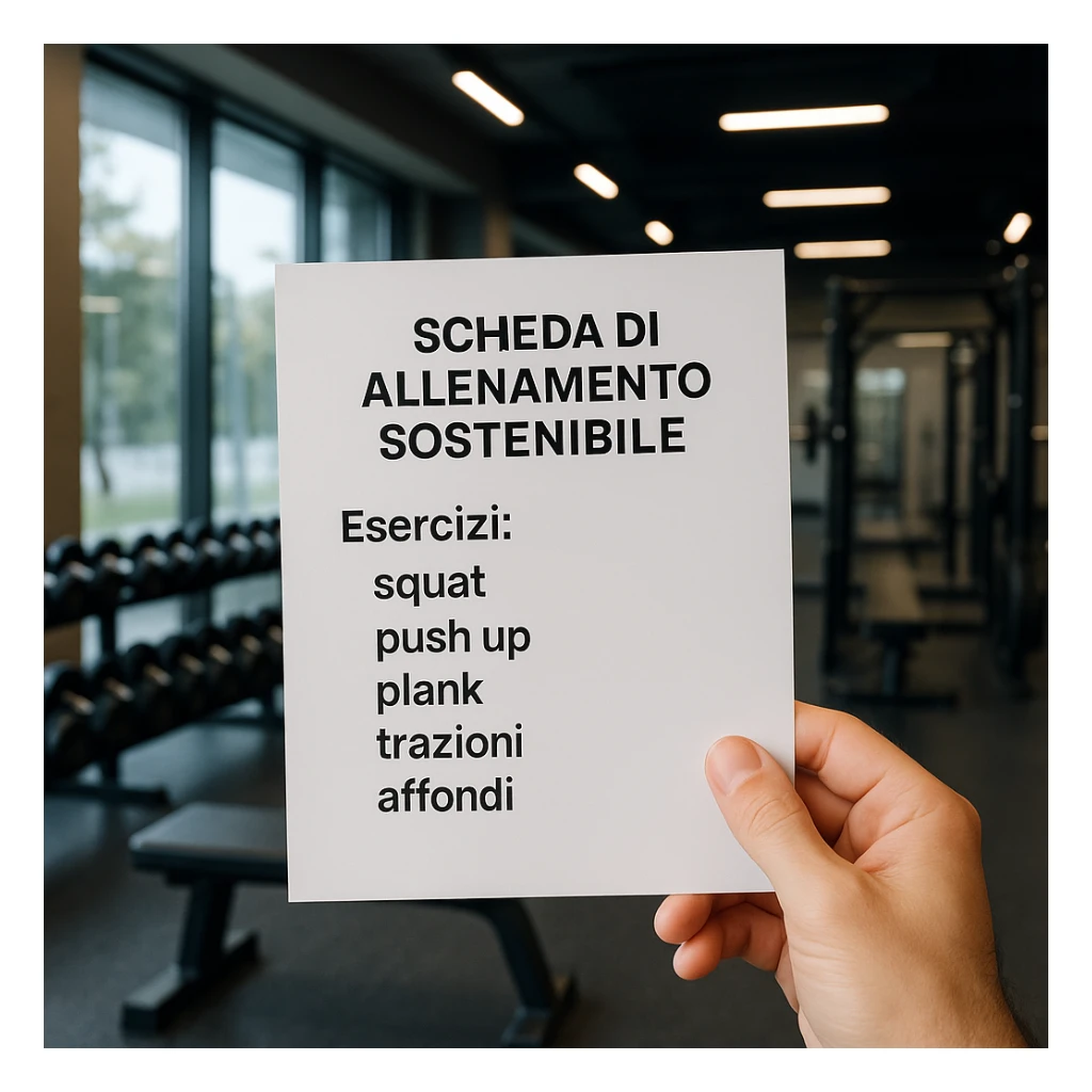 Edit the image to remove the 'Consigli' section from the text on the paper. Keep only the text: 'Scheda di allenamento sostenibile', 'Esercizi: squat, push up, plank, trazioni, affondi'. The sustainability refers to the training path, not eco-friendly elements. Maintain a hyperrealistic style, 4K resolution, modern gym setting. sticker