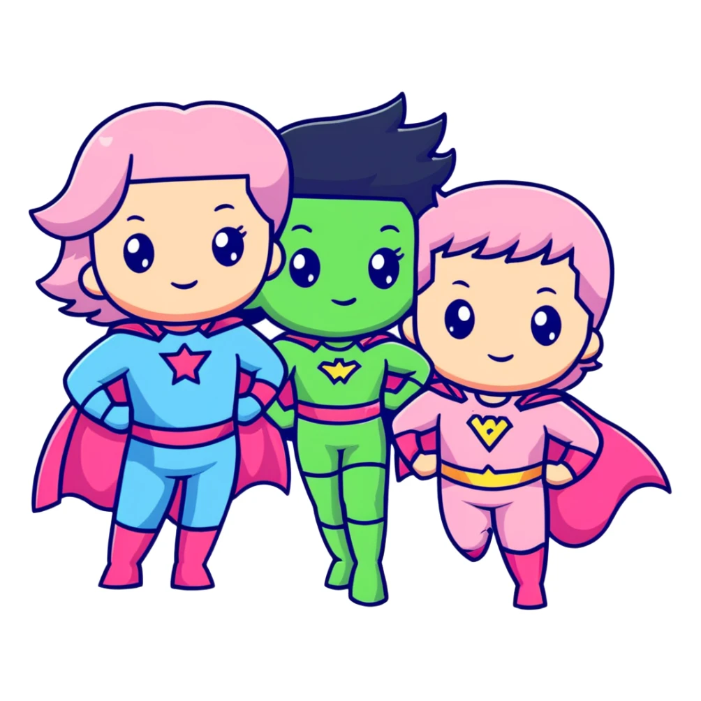 three cute superhero girls with powers - one in light blue costume, one in pink costume, and one in light green costume sticker