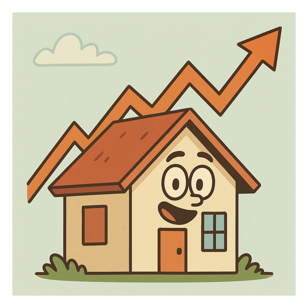 house with an upward trending graph, flat cartoon style sticker
