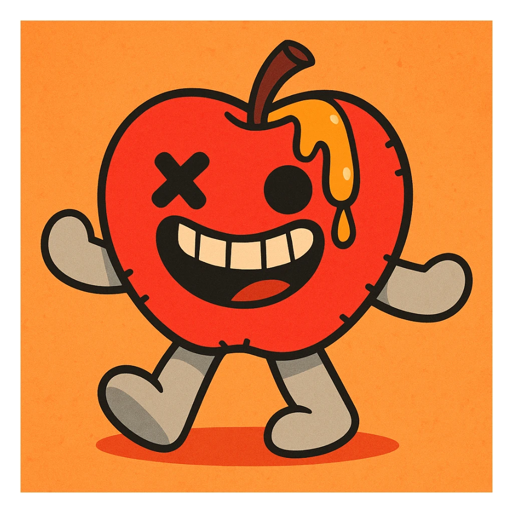 vibrant-toon style: plush apple character, soft light grey limbs, left eye replaced by stitched X, golden ichor oozing from stem, wide toothy grin, no leaf sticker