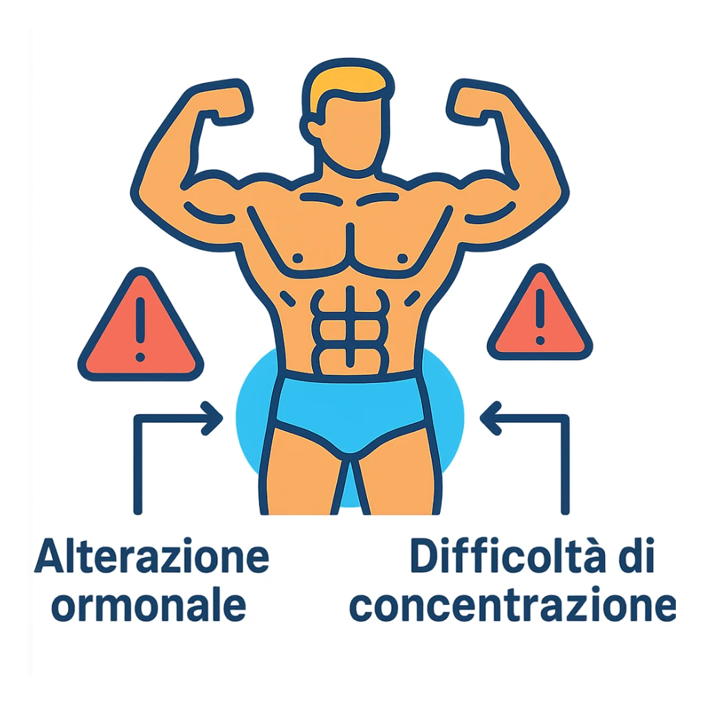 infografica in italiano, bodybuilder con zona pelvica evidenziata da alone blu, frecce che indicano Alterazione ormonale e Difficoltà di concentrazione, icone di attenzione, sfondo bianco sticker