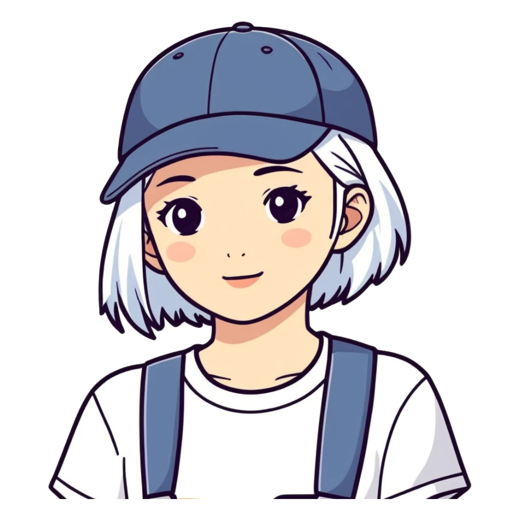 A girl in a cap with white hair sticker