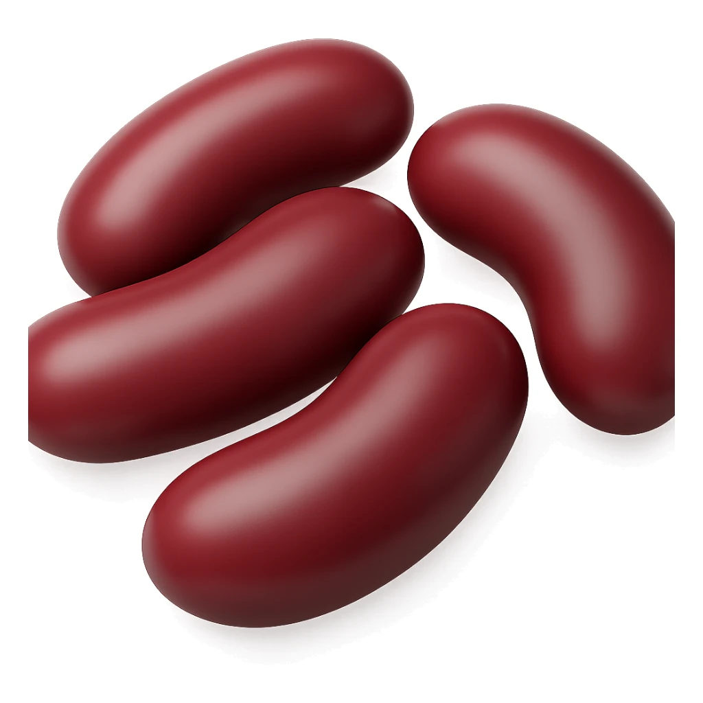 Show exactly 5 large red kidney beans, loosely arranged, each bean bigger than before, smooth glossy surface, deep reddish-maroon color, typical curved kidney shape, natural variation in size and hue, dry and polished, 3D-rendered, clean, minimal, soft shadows, no faces or packaging, transparent background, emoji scale. The style should resemble a clean and minimal 3D-rendered emoji style with transparent background. sticker