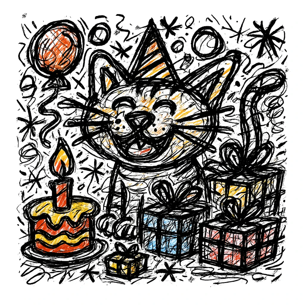 Make the birthday cake more colorful while keeping the chaotic outlined style and all other elements intact sticker