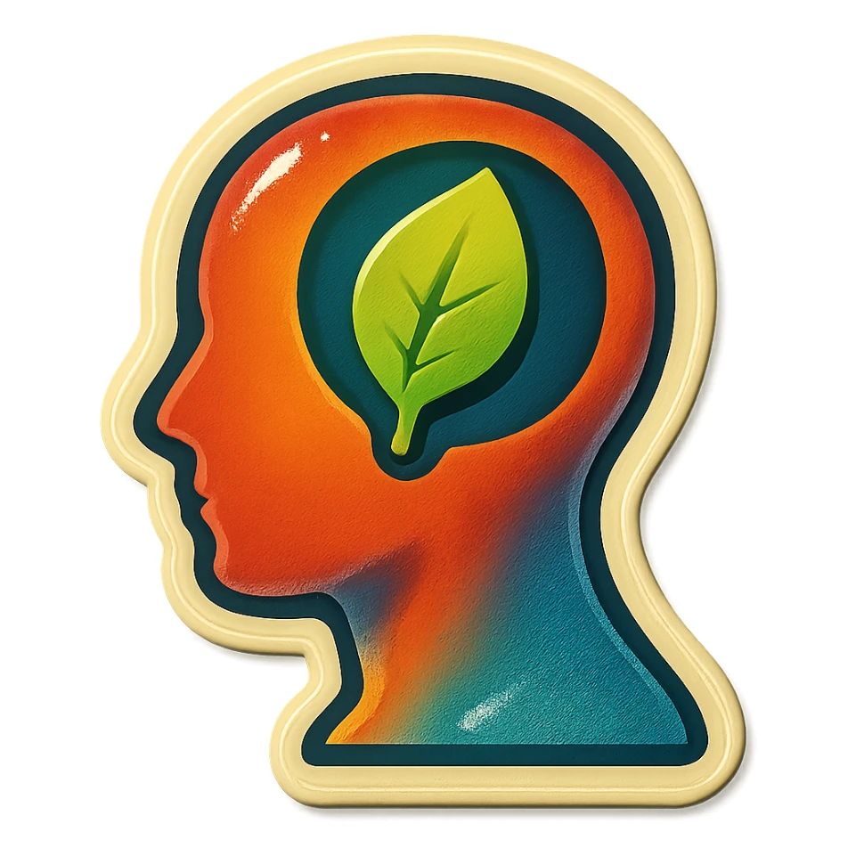 human silhouette or body with a leaf symbolizing mental health placed on the face, retro stickers style, clear outlines, strong shadows and highlights, fun and not too complex, psychosomatics and psychology theme sticker
