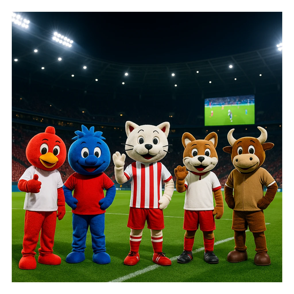 Nighttime soccer stadium scene with bright lights, green grass, and five mascots in a row: red and white on the left, blue and red in the center, white and red striped next to it, brown and white on the far right. Empty red seats, a big screen showing a soccer match, distant crowd, and modern architecture create a lively, fun sports event atmosphere. sticker