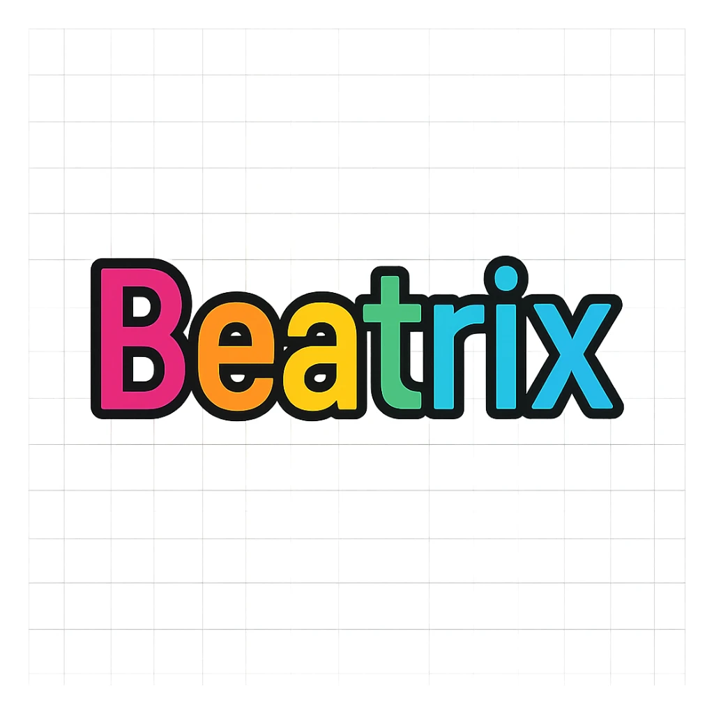Beatrix name in colorful gradient modern font with dark outline, transparent background, in the style of sample images sticker