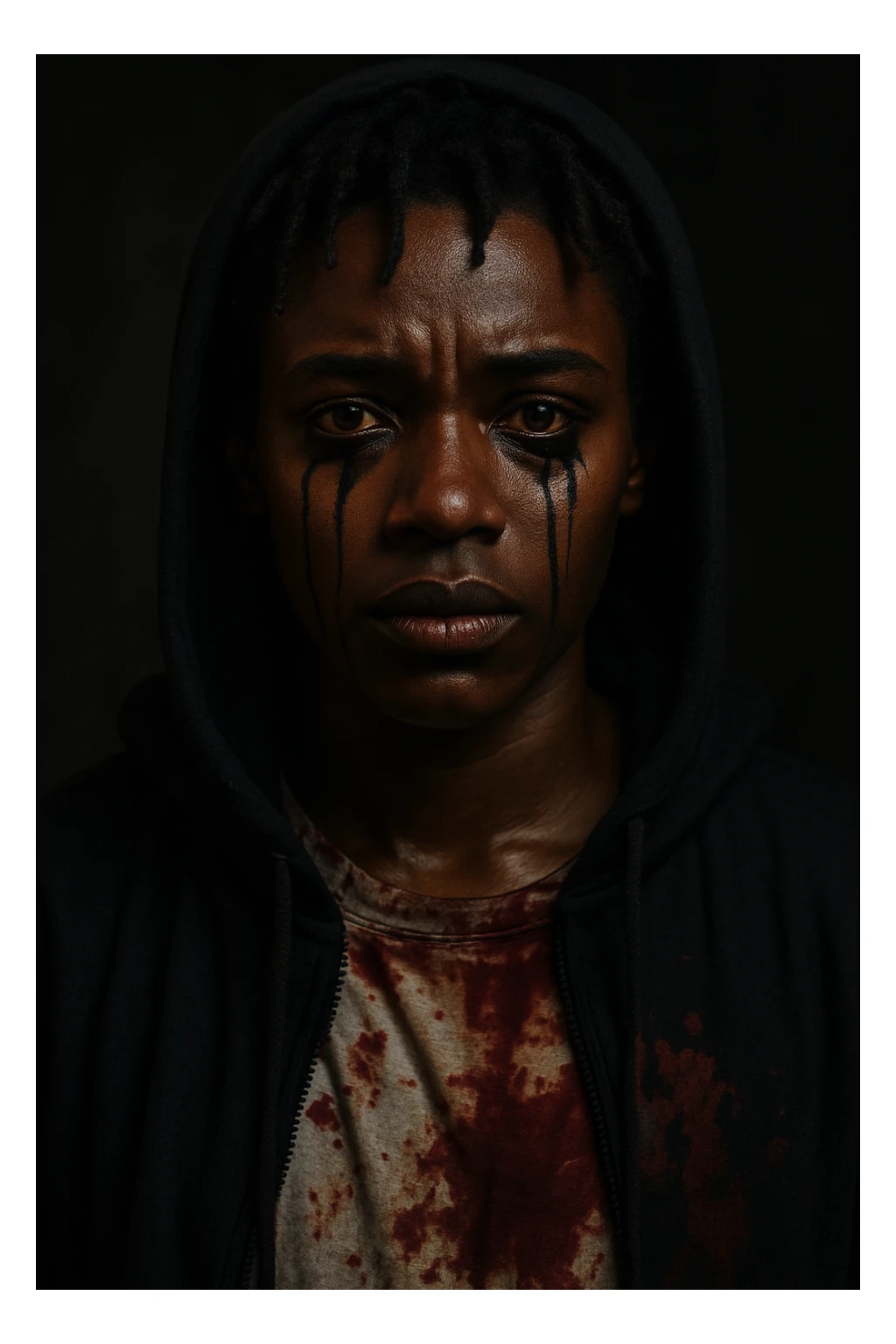 A dark-skinned individual with short dreads, black mascara running from brown eyes, wearing a black hoodie and a shirt with blood on it. sticker
