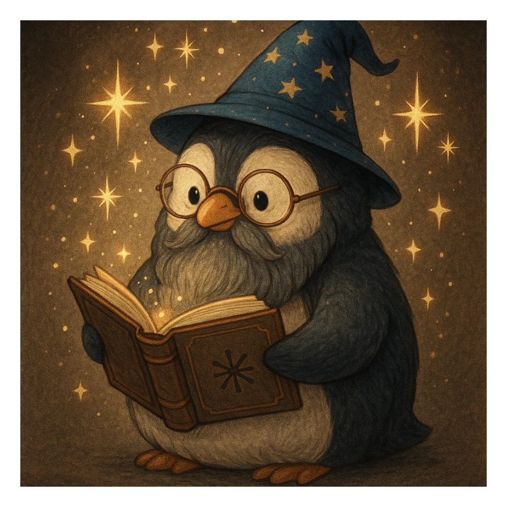 A chubby penguin wizard with glasses, a long beard, and a spellbook, surrounded by sparkles. sticker