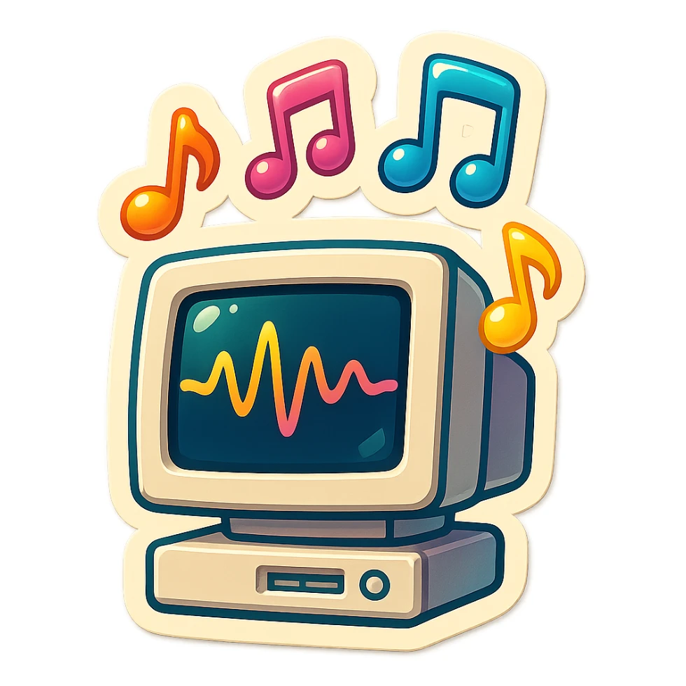 A CRT monitor displaying a waveform on its screen, with colorful musical notes floating upward from the monitor, visually engaging, vibrant and playful retro style sticker