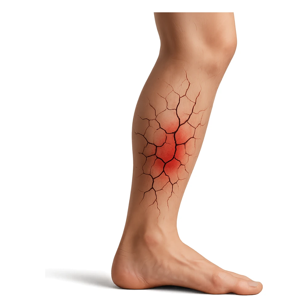 realistic human leg with overload represented by stylized cracks on the skin, red area, 3D effect, isolated on white background sticker