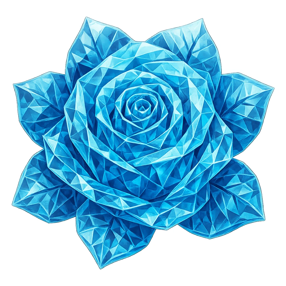 Make the blue icy rose look like crystal, keeping the emoji style appearance. The image should have no background and maintain the original emoji style look. sticker