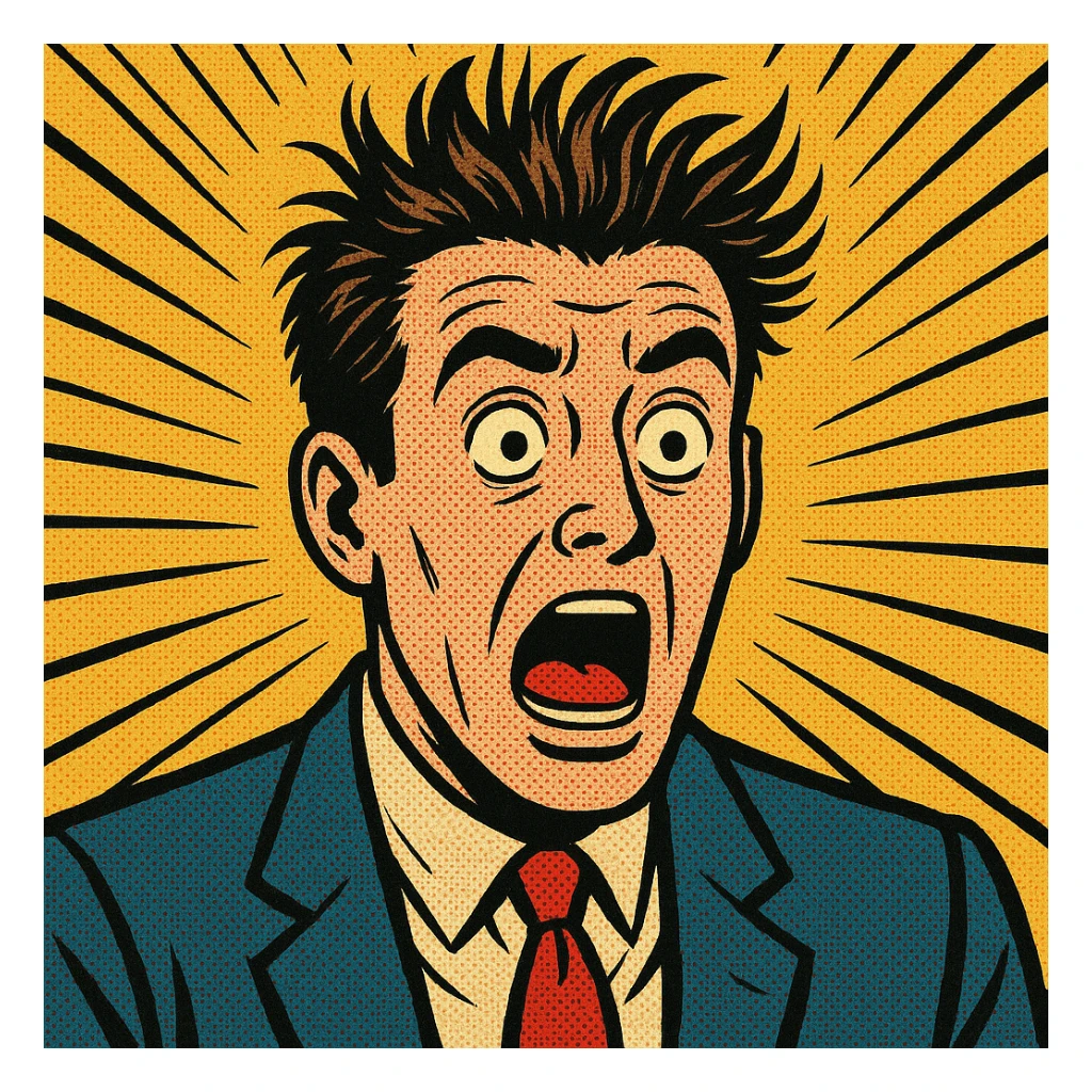 shocked comic style face, exaggerated background lines, hair standing up sticker
