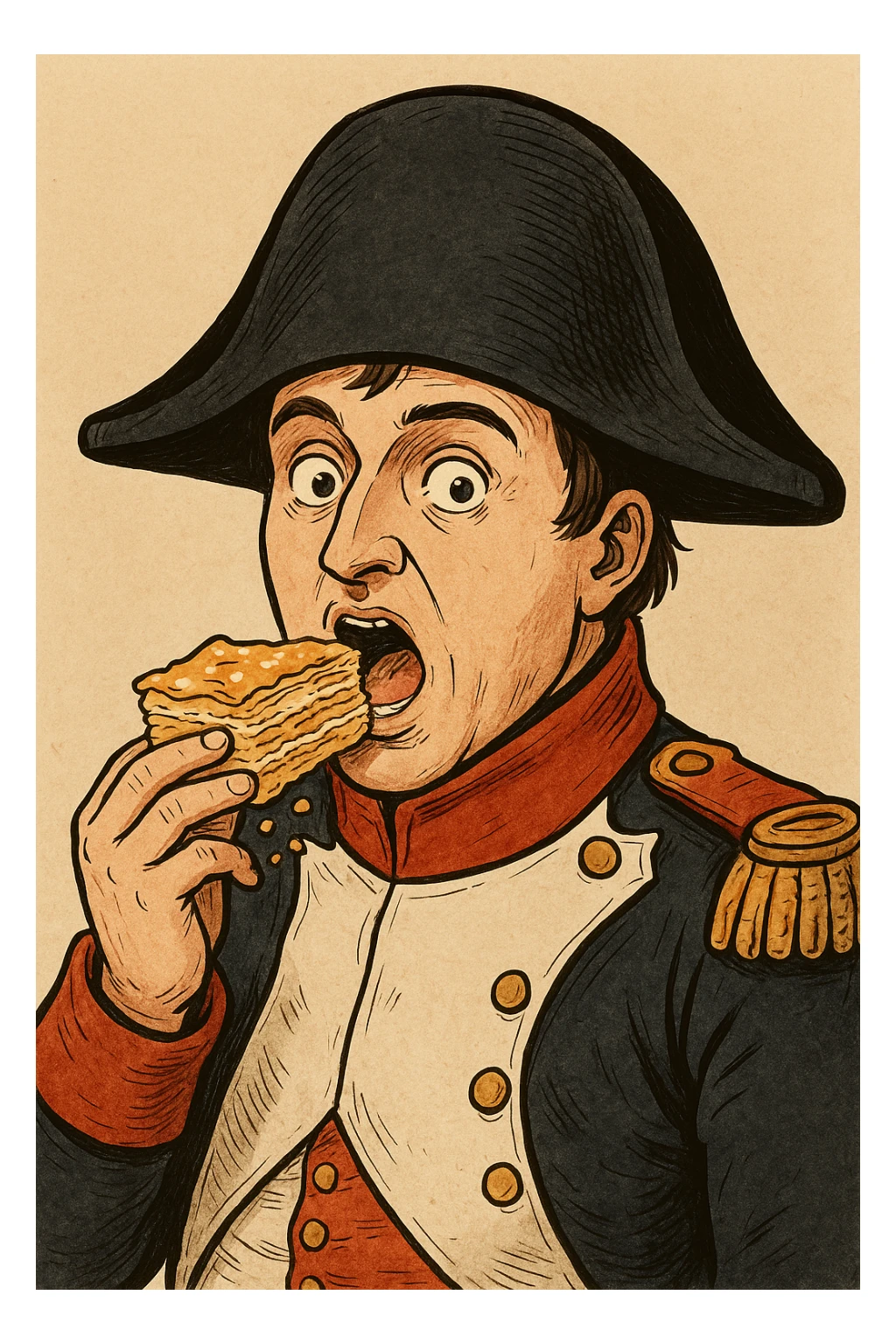 Используя похожую стилистику, слегка мультяшную, но при этом реалистичную - сгенерируй Наполеона, который кладет себе в рот большой кусок торта Наполеон и при это удивленно смотрит в кадр, будто его неожиданно застукали за этим занятием sticker