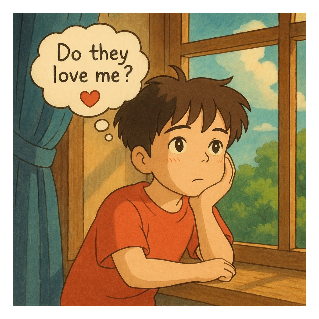 ghibli style illustration of a boy gazing out a window, dreamy expression, thought bubble with 'do they love me?' and a heart sticker