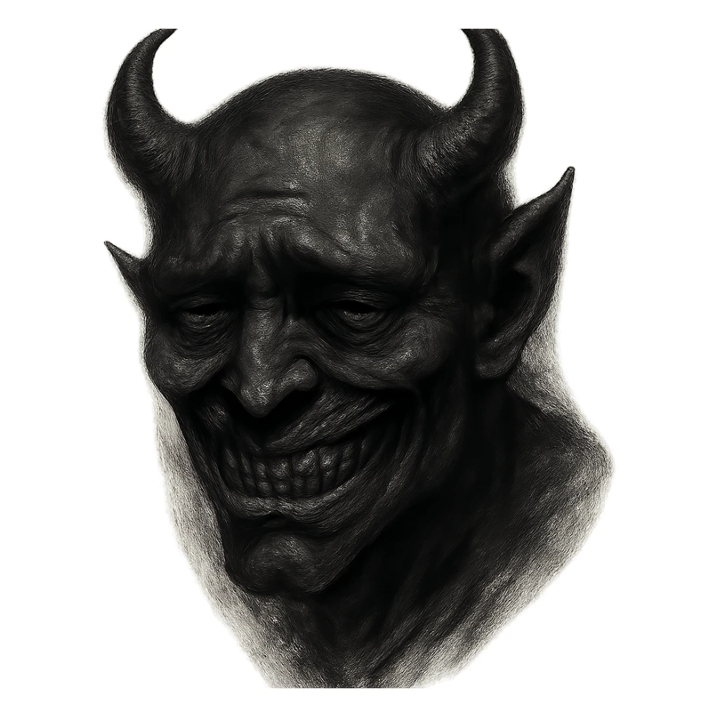 dark, sneering demonic face with vicious features, sad eyes, expressing depression and pessimism, perpetrator vibe sticker