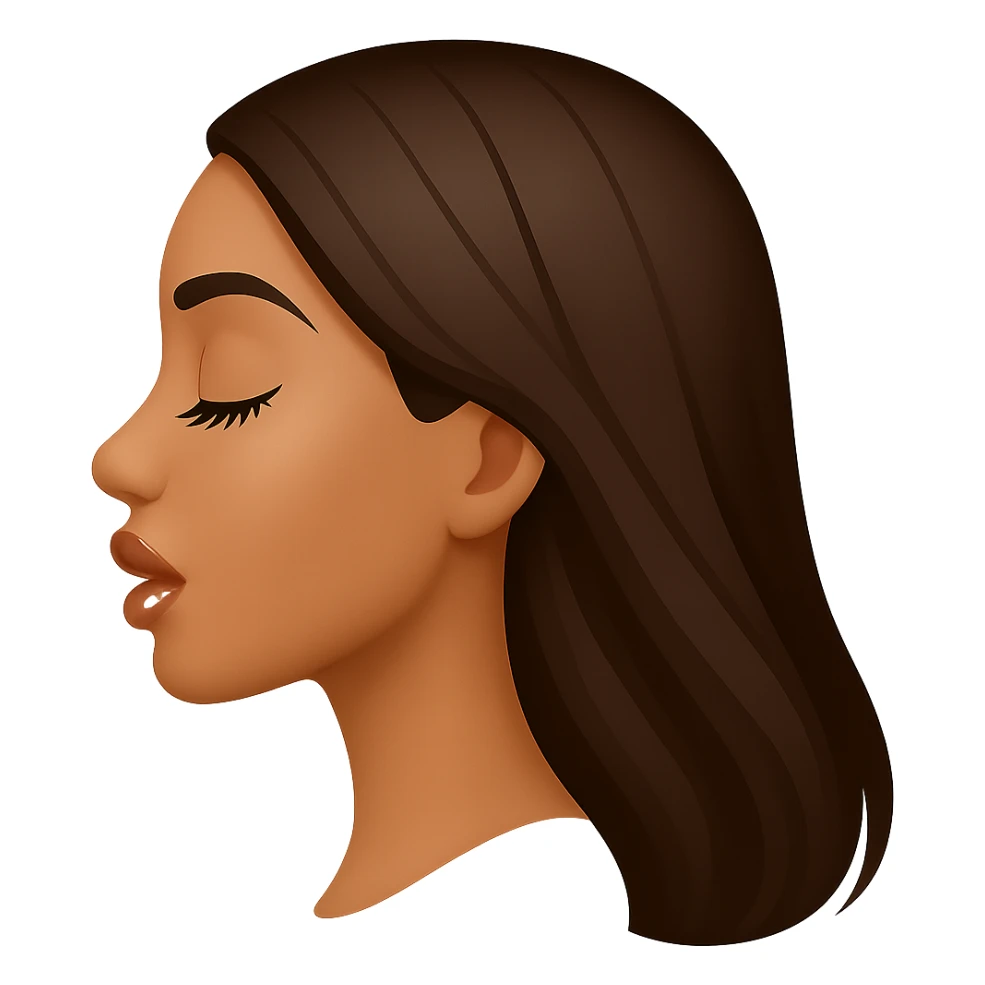 Create a side view (profile) of this woman's head in the normal iPhone emoji style, with closed eyes, long eyelashes, an open mouth, smooth shading, no outlines, long dark hair, and glossy lips with visible lip gloss. This is variant 4. sticker