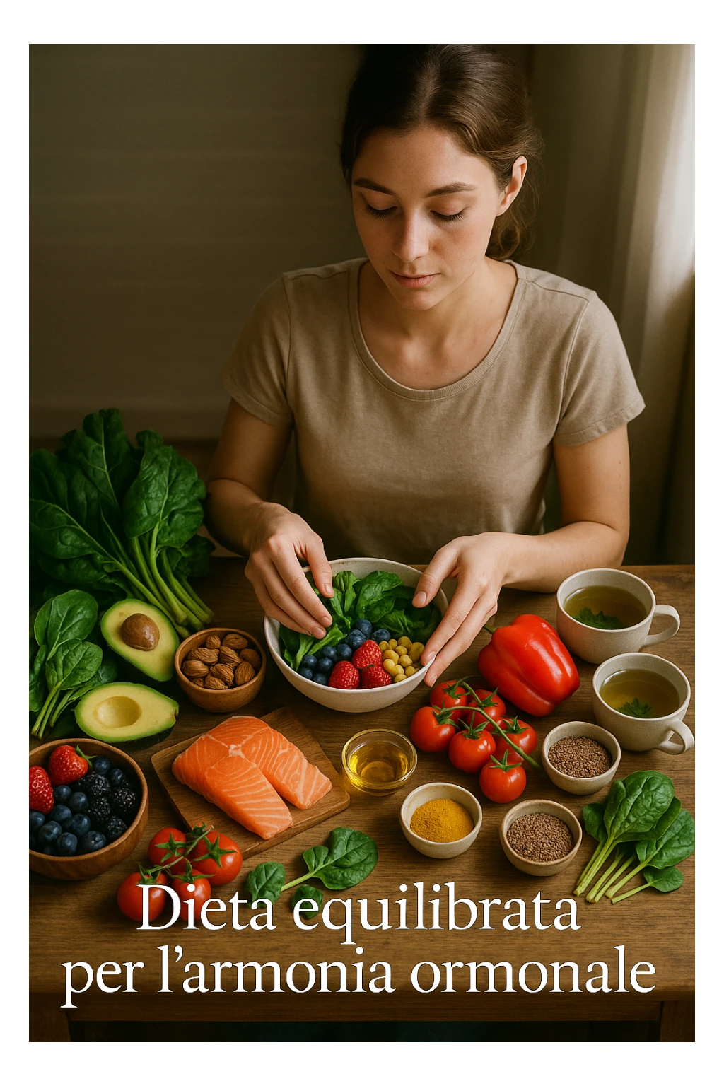 A realistic, cinematic flat-lay image of a clean wooden kitchen table filled with fresh, colorful whole foods known to help reduce androgen excess naturally. The table includes leafy greens like spinach and kale, avocados, berries, colorful vegetables, nuts, seeds (chia and flaxseeds), wild-caught salmon, and herbal teas, carefully arranged in an aesthetically pleasing, organized manner. A small glass bowl with olive oil and another with turmeric powder are included, emphasizing anti-inflammatory properties. In the scene, a young woman with clear, healthy skin and a calm expression is preparing a bowl with these ingredients, symbolizing a hormone-balancing diet. Warm, natural daylight streams in, creating a cozy and inviting atmosphere. The style is hyper-realistic 35mm photography, with vibrant yet soft colors, showcasing textures of the fresh produce and the peaceful vibe of using nutrition to support hormonal balance in italiano sticker