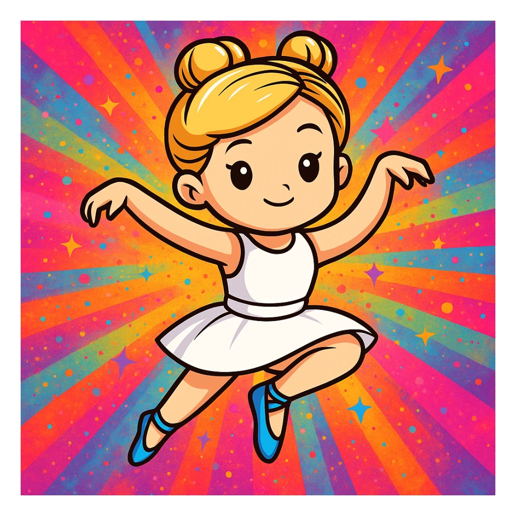 Add a vibrant, colorful background behind Dana Dawson in a dance pose, keep the original cartoon sticker style sticker