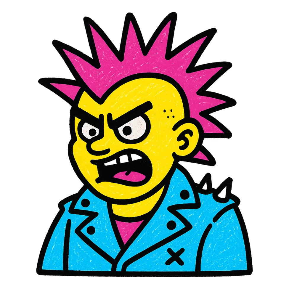 punk musician with spiked hair, leather jacket, fierce expression sticker
