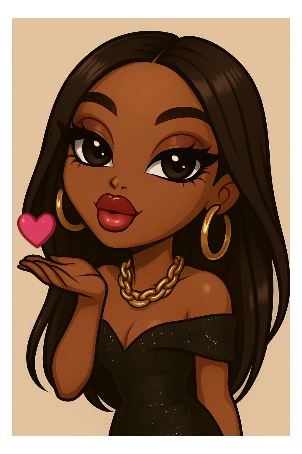 Change the pose to blowing a kiss, headshot only, keep her as a 20-year-old anime Bratz style woman with dark skin, dark hair, glamorous evening wear, big expressive eyes, glossy lips, and a happy expression. No tears. sticker