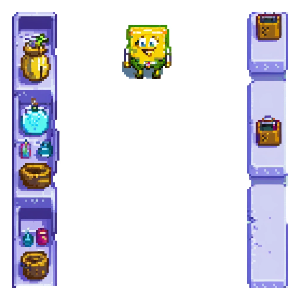 pixel art, Minecraft first-person perspective, Spongebob Squarepants standing in front of the player, inventory hotbar at the bottom sticker