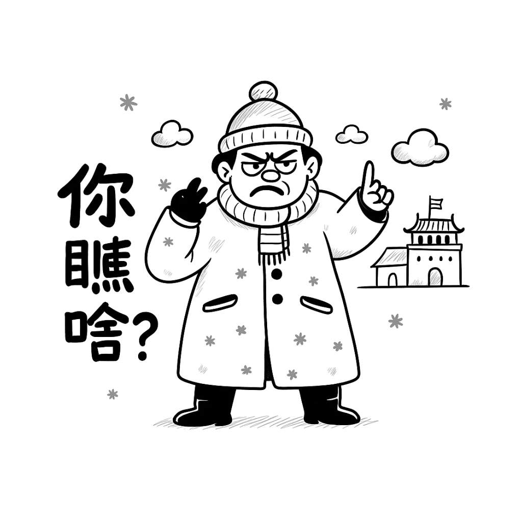 Edit the image to change the Chinese text to '你瞅啥？' while keeping everything else unchanged. The style should be black hand-drawn doodle style. The character is a Northeasterner wearing thick winter clothes, with a rude expression and exaggerated actions, set against a snowy Northeastern background. Maintain the black doodle style look in the edit. sticker