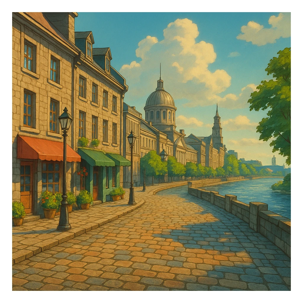 Montreal’s Old Port with cobblestone streets and river, ghibli style sticker