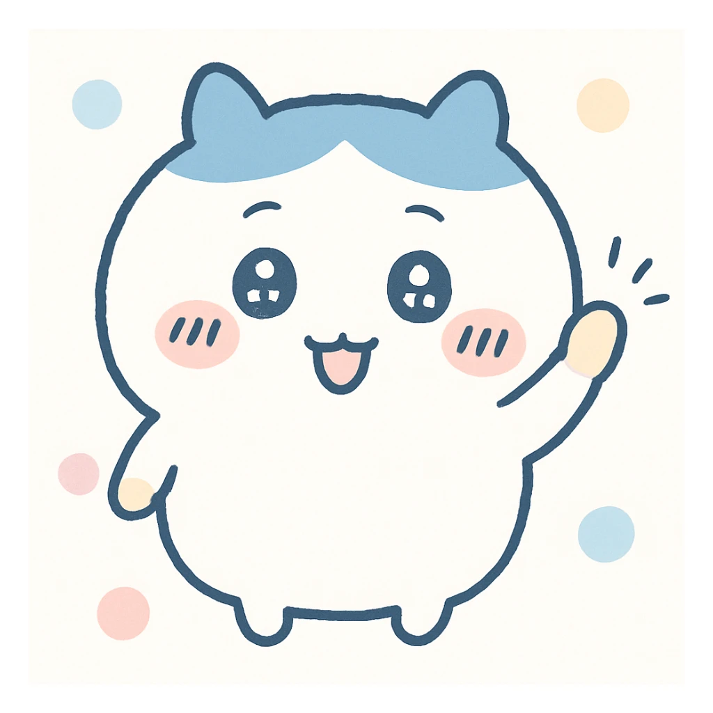 Chiikawa character, waving, sparkly eyes, soft and fluffy appearance sticker