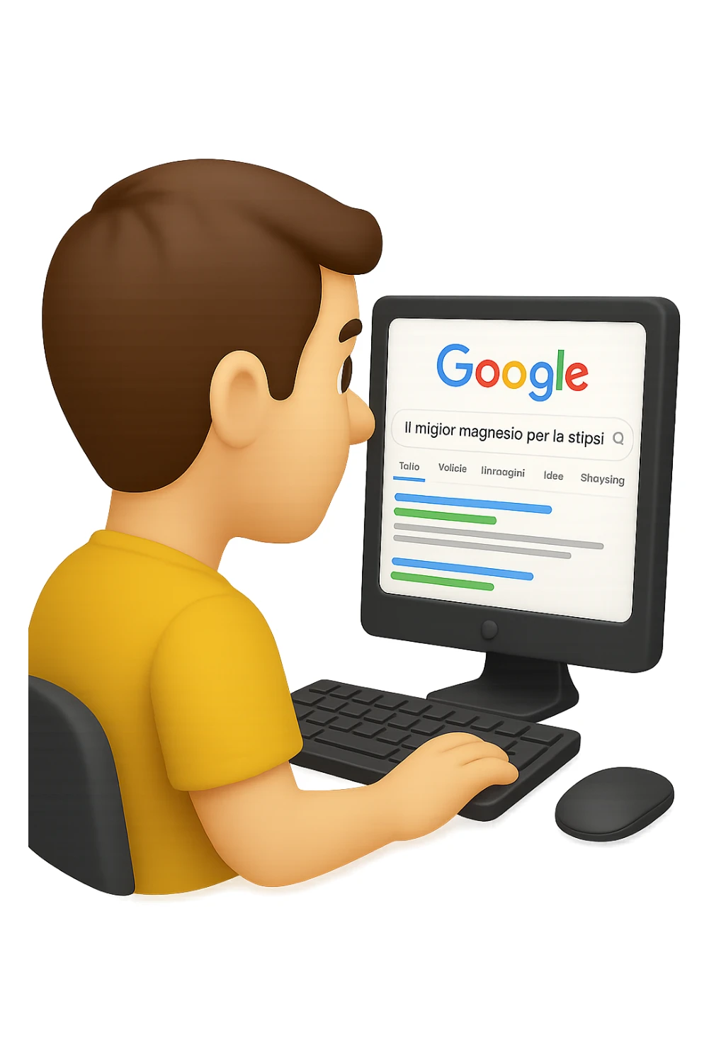 emoji stile iphone di un uomo davanti al pc che cerca di google: "Il miglior magnesio per la stipsi", iperrealistico 4k sticker