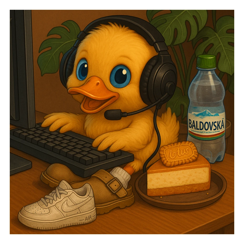 Add a monstera plant in the background. Place old white Air Force sneakers on the ground. Keep the duck with blue eyes playing games on a computer, wearing a headset, white socks, beige Dr. Martens Jorge slippers, drinking Baldovská mineral water, and eating a Lotus cheesecake. Maintain the original style and details from the reference image. sticker