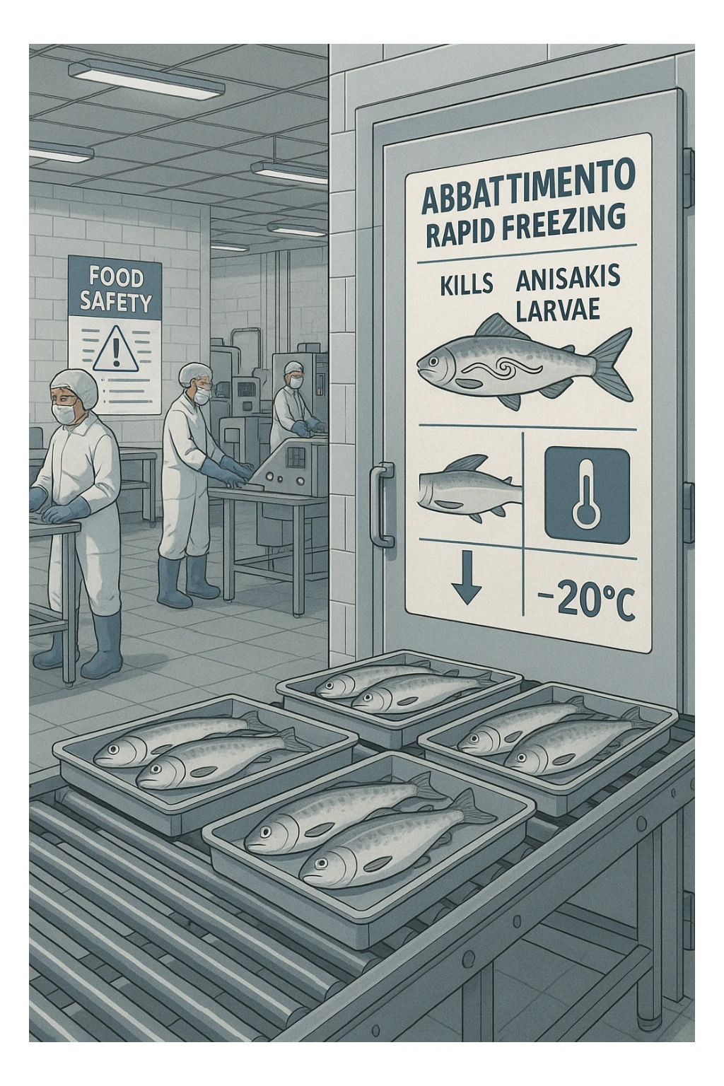 a fish processing facility where freshly caught fish are placed on trays and moved into a large industrial freezer. A temperature gauge shows -20°C, and an educational label explains that rapid freezing (abbattimento) is used to kill Anisakis larvae. The background includes workers in protective clothing and clear signage about food safety. sticker