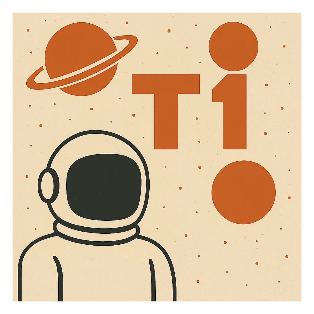 Make the T1 text much larger, keep the space theme, and make the background transparent. sticker