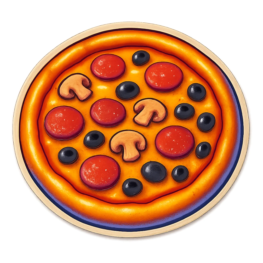 A whole pizza in retro stickers style, with various toppings and a vintage design sticker