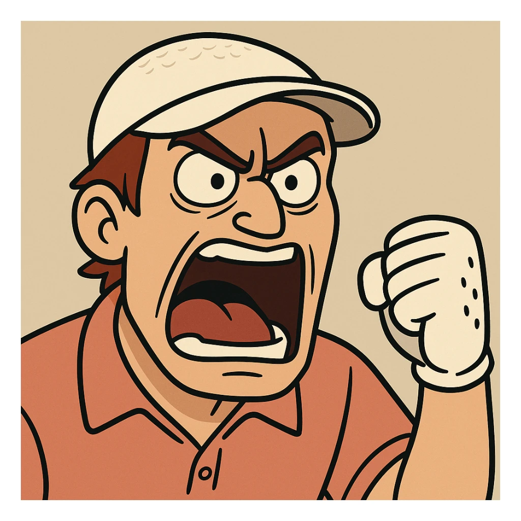 angry golfer's face, shouting, golf glove visible, comic style, bold lines sticker