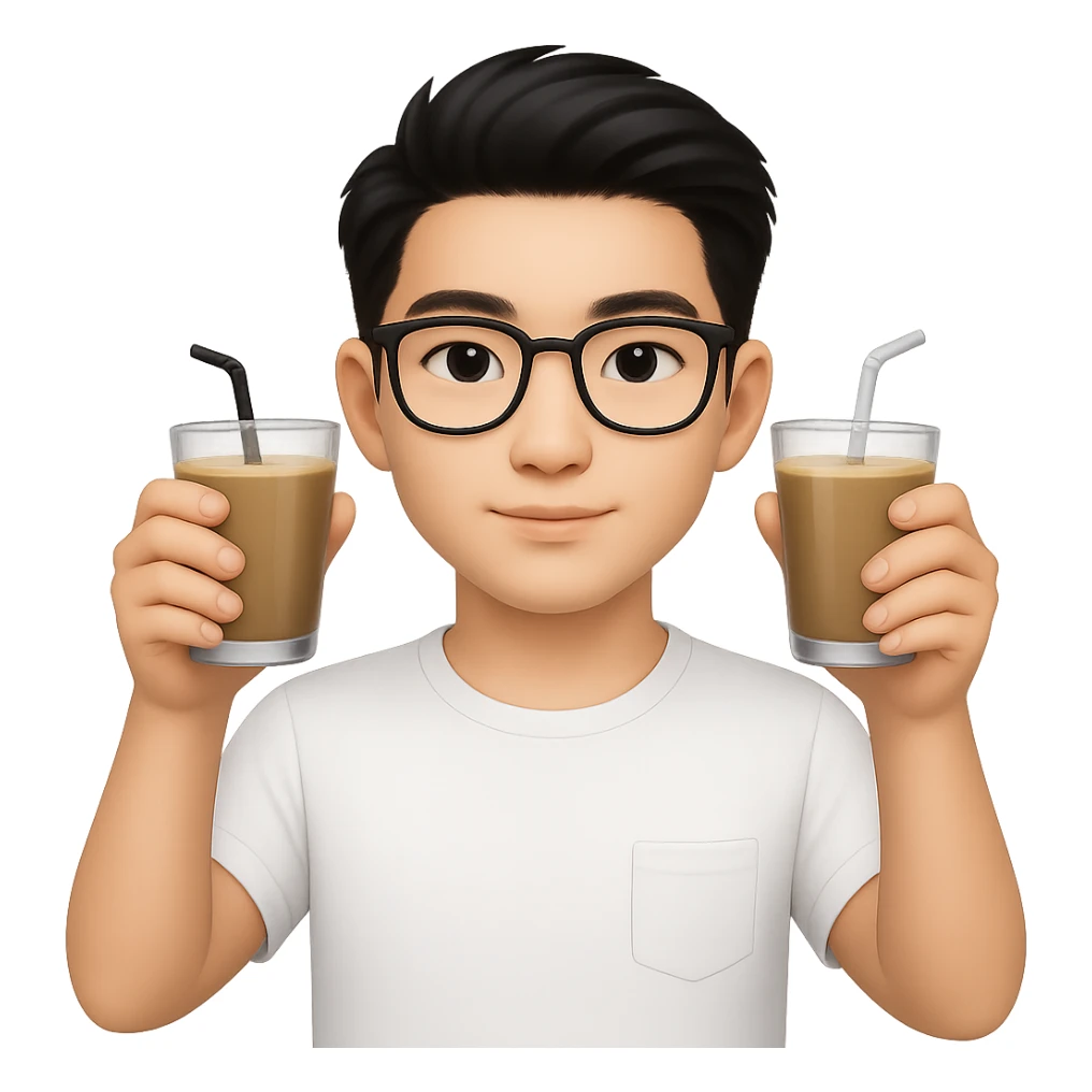 Change to a different, stylish hairstyle for a young and handsome Asian man with black coffee colored hair, wearing a white T-shirt, black framed glasses, holding glasses, very smart. Keep the emoji style look but use the general editor as emoji style does not support editing. Remove background. sticker