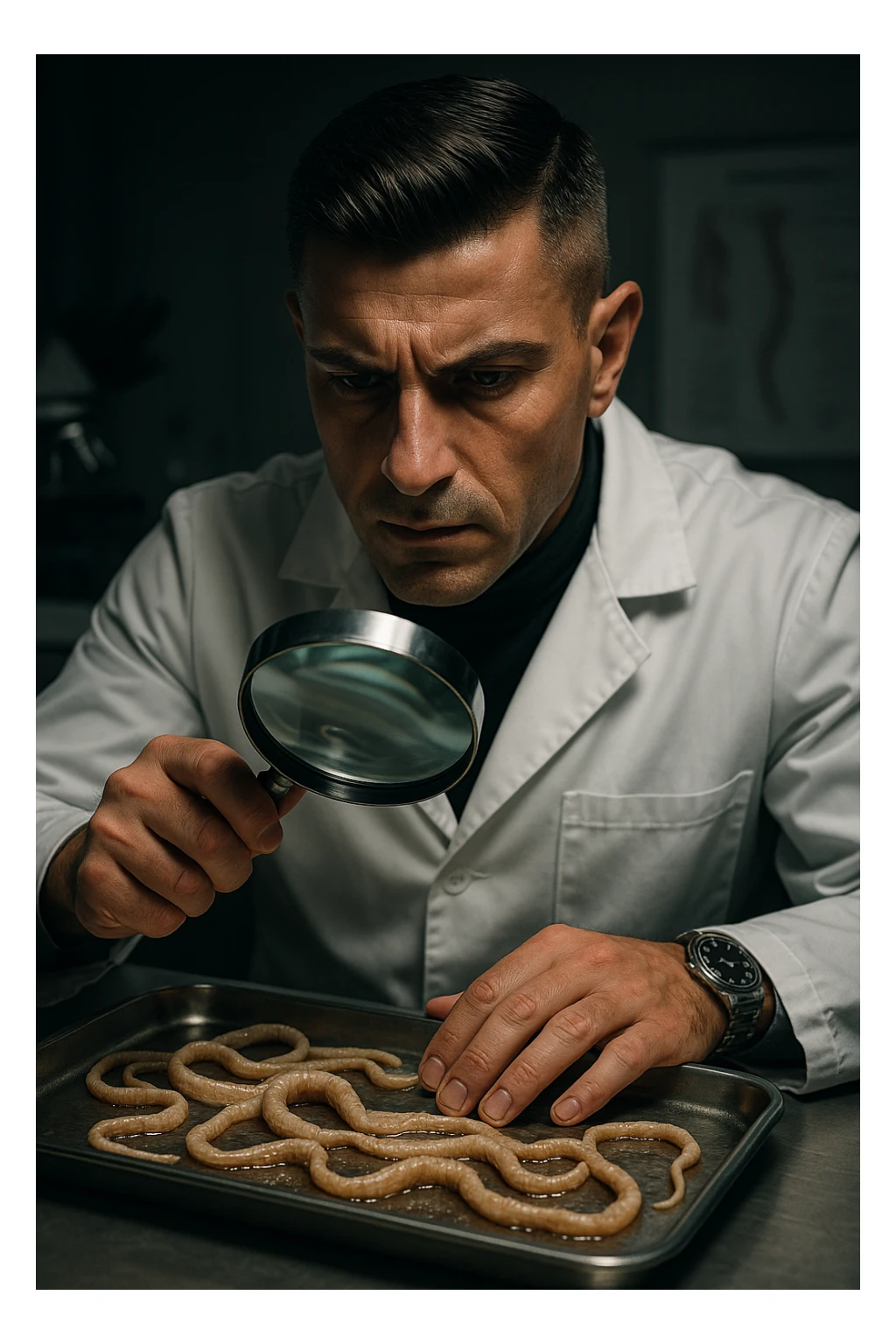 A middle-aged male kinesiologist wearing a pristine white lab coat, intensely analyzing long, beige tapeworms (like Taenia) under a magnifying glass. His expression is focused and slightly concerned, with dramatic studio lighting casting sharp shadows. The parasites are highly detailed, moist, and textured, stretched across a sterile metal tray. The background is blurred but suggests a clinical environment—hints of a microscope, medical charts, and clean lab equipment. The style is hyper-realistic, with a cinematic contrast between the bright white coat and the grotesque, organic forms of the parasites. No sci-fi elements, just raw medical realism with a disturbing edge sticker