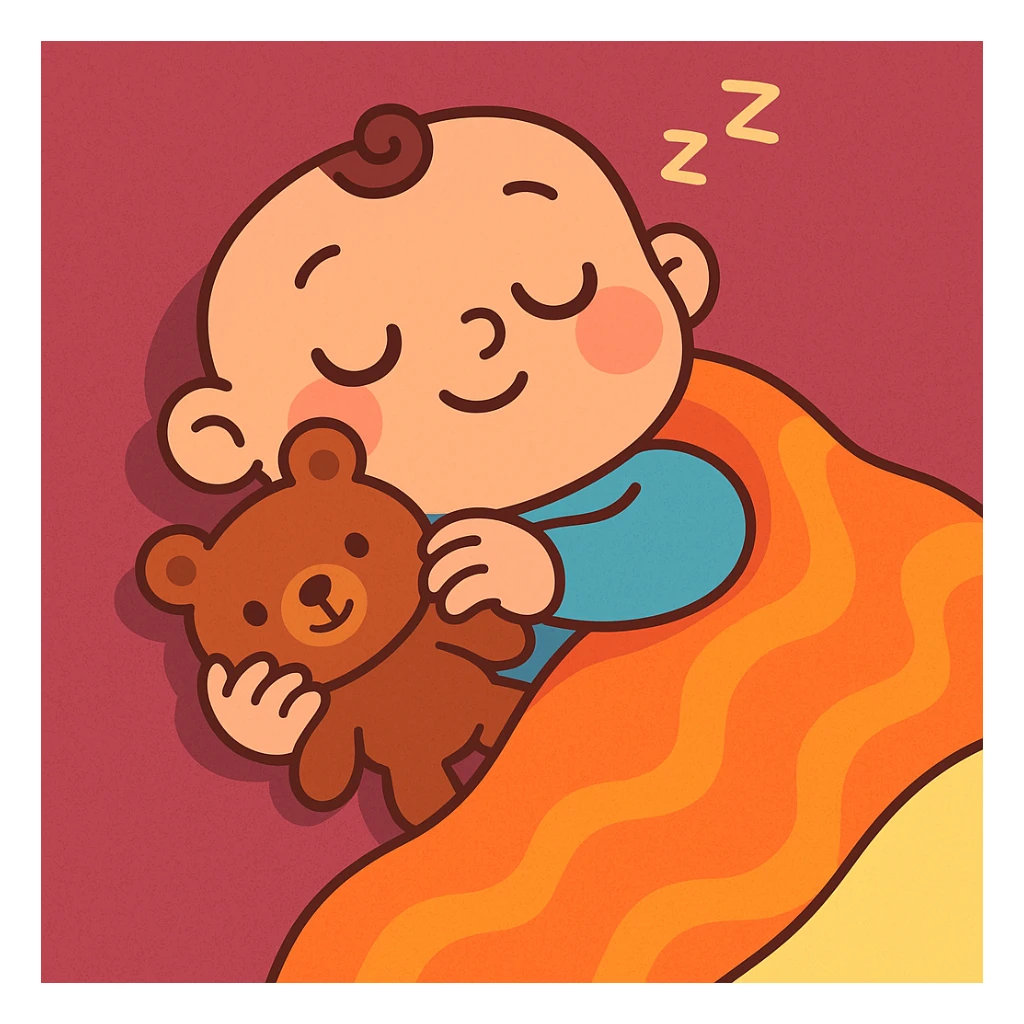 a baby sleeping with a teddy bear, cozy blanket, warm tones, adorable expression sticker