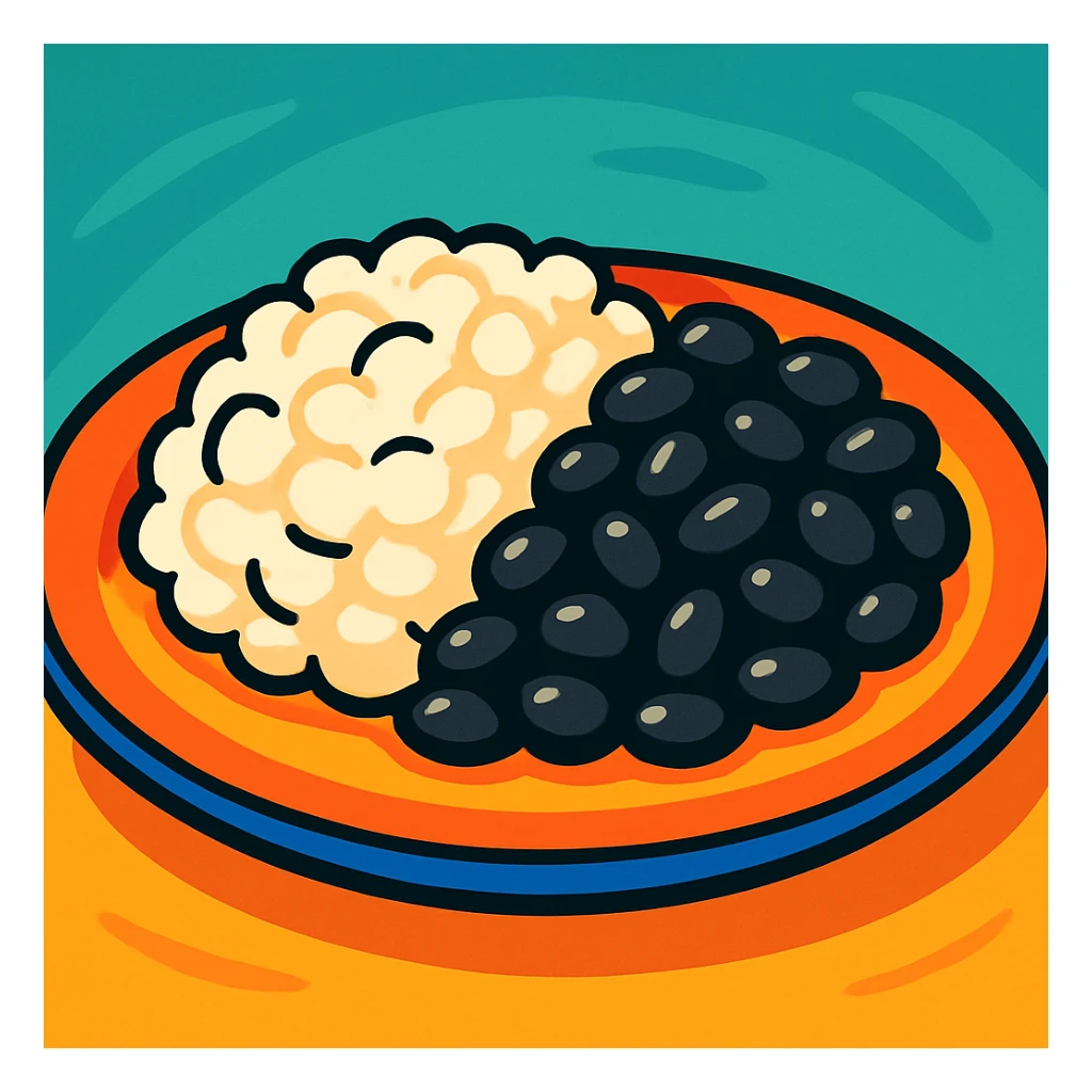a plate of white rice and black beans, stylized, colorful, inviting sticker