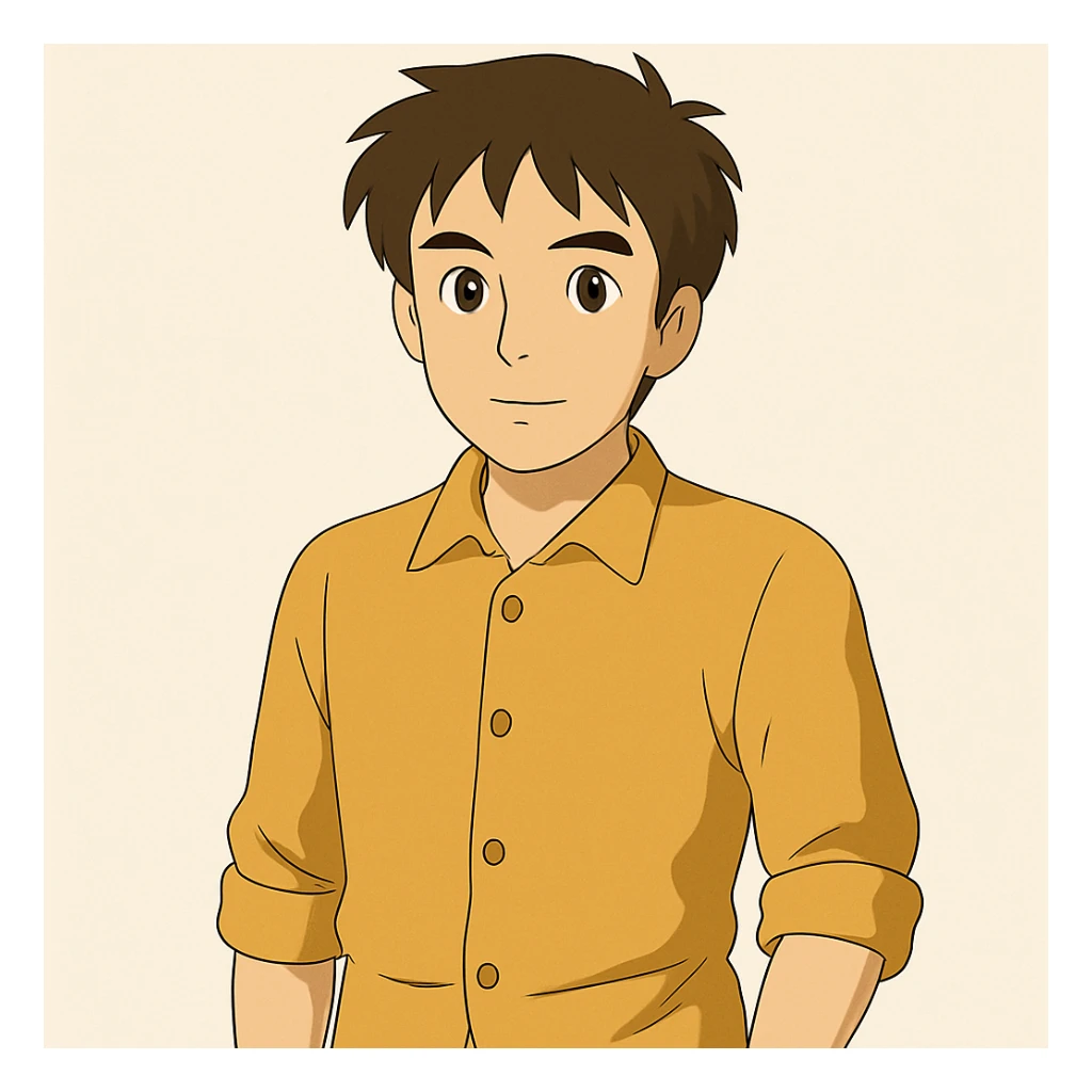 Make the man stand facing forward in a relaxed, casual pose, Ghibli style. sticker
