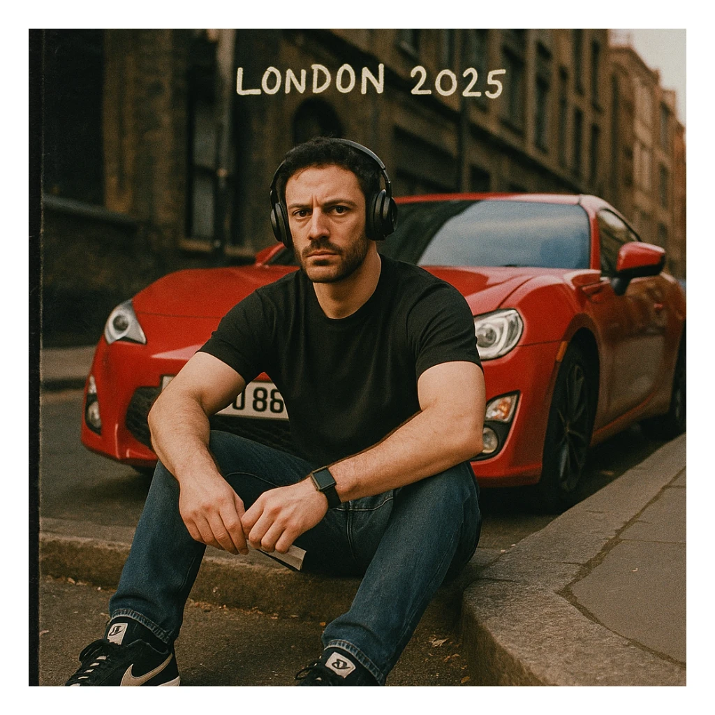 Grunge-style analog photo, London 2025, person inspired by the reference image sitting on the curb in front of a Nissan GT 86, model pose, black t-shirt, jeans, Nike Air Jordan low, using flash, city street, analog grain, 5/8. sticker