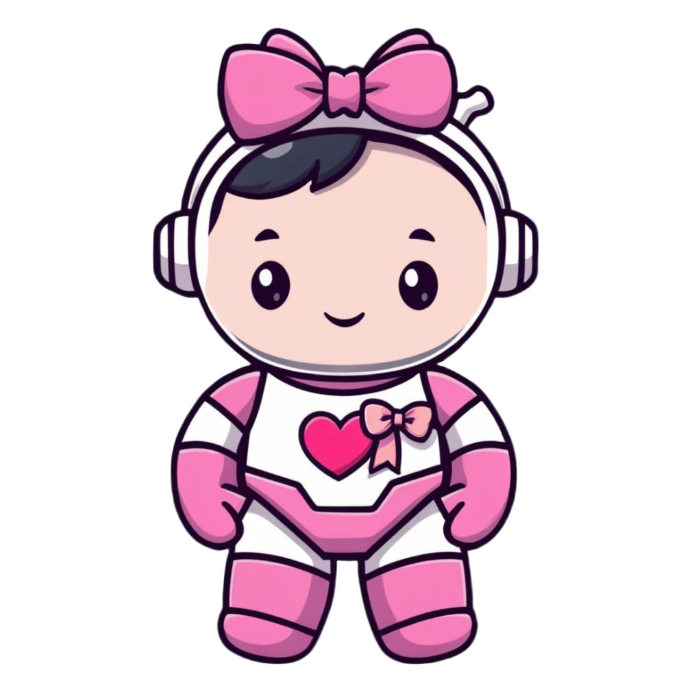 adorable pink robot girl with a hair bow and heart patterns sticker